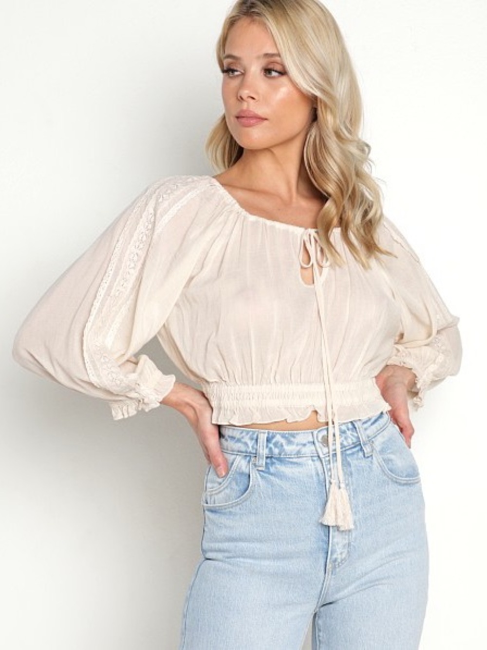 Spell Harmony Cream Lace-Trim Tie-Front Crop Top in Porcelain - Picture 2 of 8